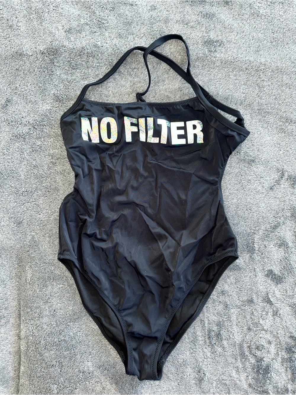 Calzedonia Black One-Piece Swimsuit with 'NO FILTER' Holographic Print
